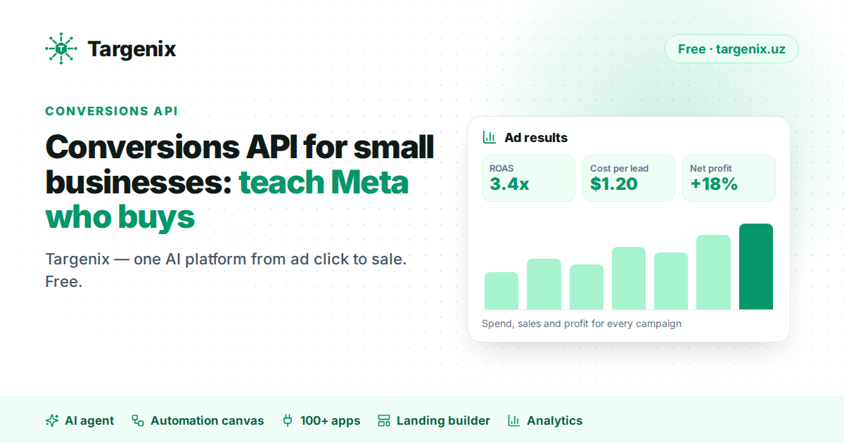 Targenix analytics card: spend, cost per lead and ROAS per campaign over a bar chart