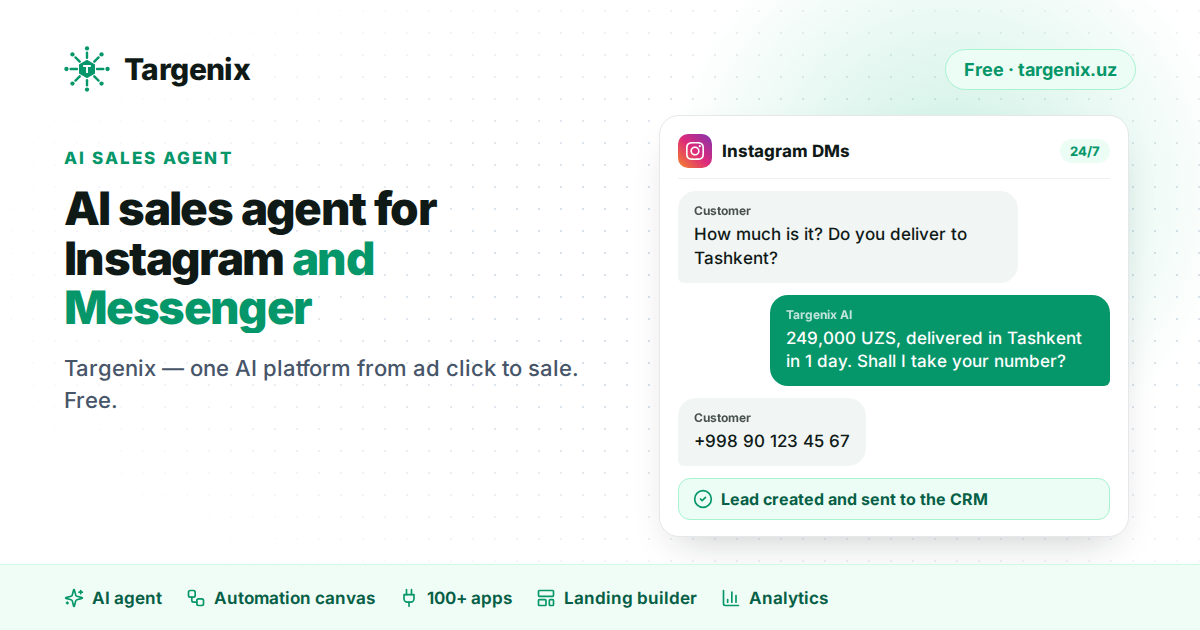 Instagram Direct chat where the Targenix AI sales agent answers a price question and turns the phone number into a lead